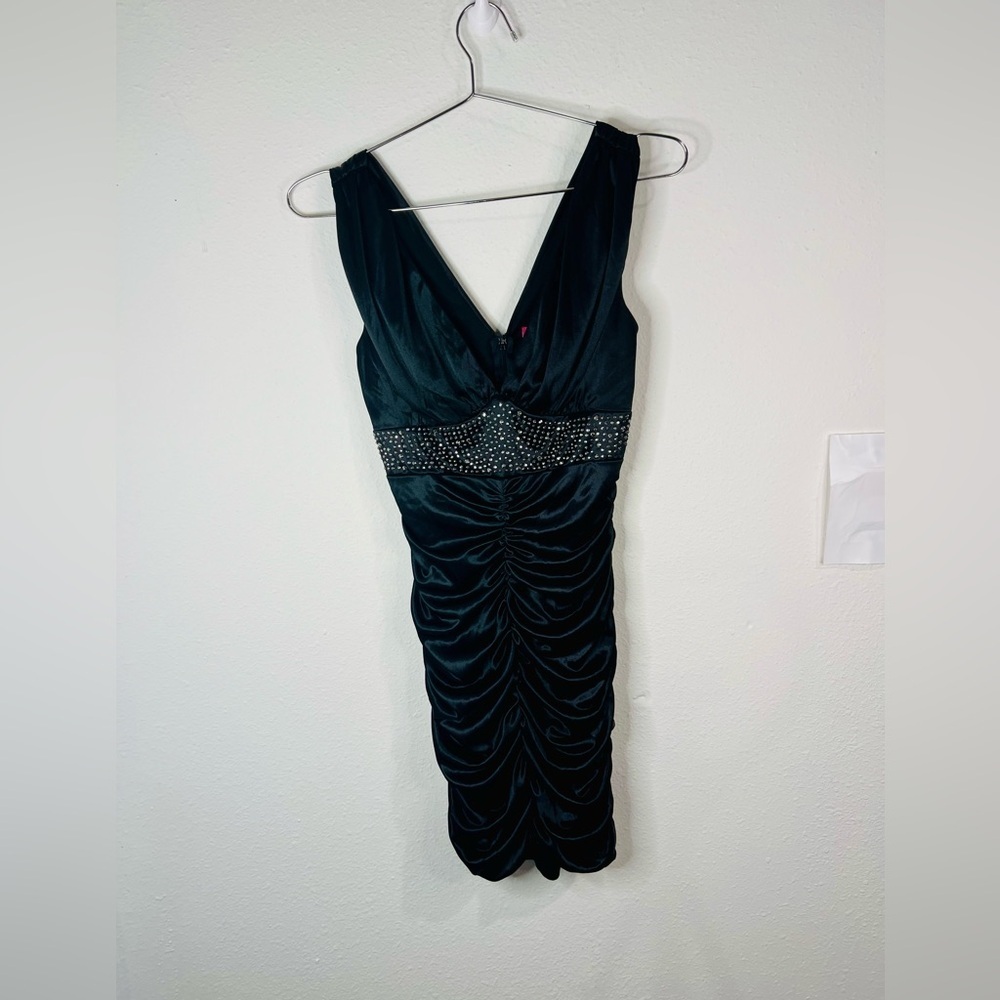 Pompous Girly Black Satin Ruched Bodycon Mini Dress Sz Small Embellished Waist
